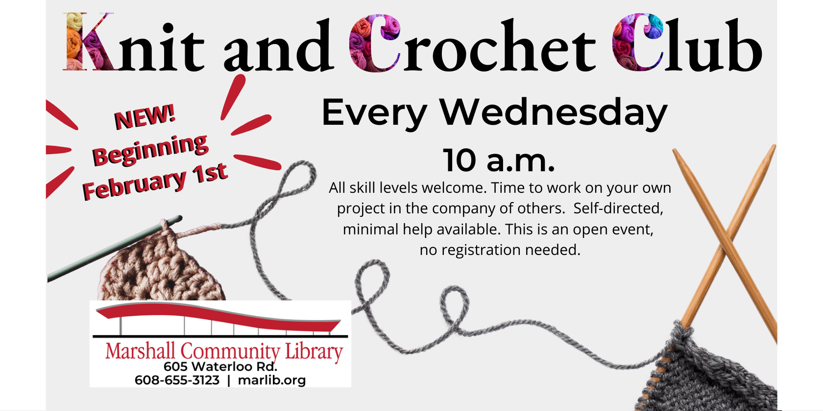 Every Wednesday at 10 am Knit and Crochet Club