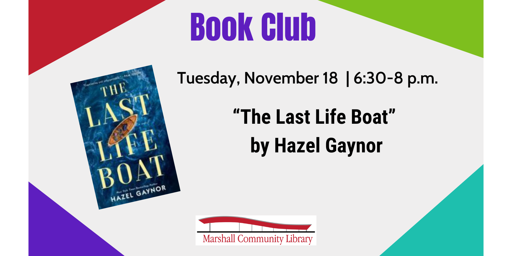 Book Club The Last Life Boat November 18, 6:30 p.m.
