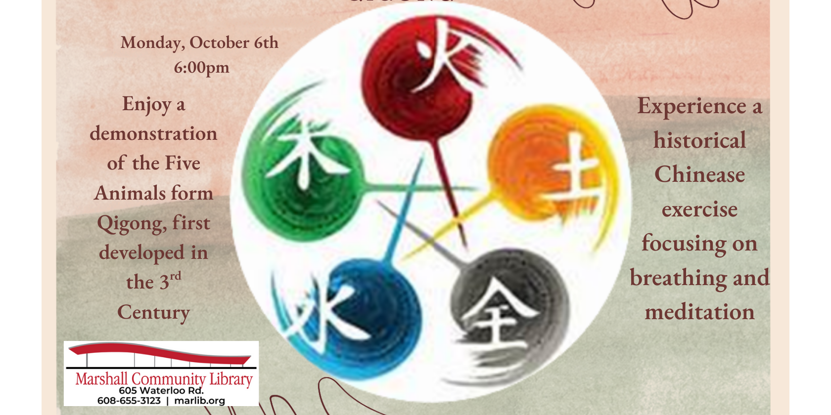 Five Animal Play Qigong demonstration. Monday, October 6th, 6pm.